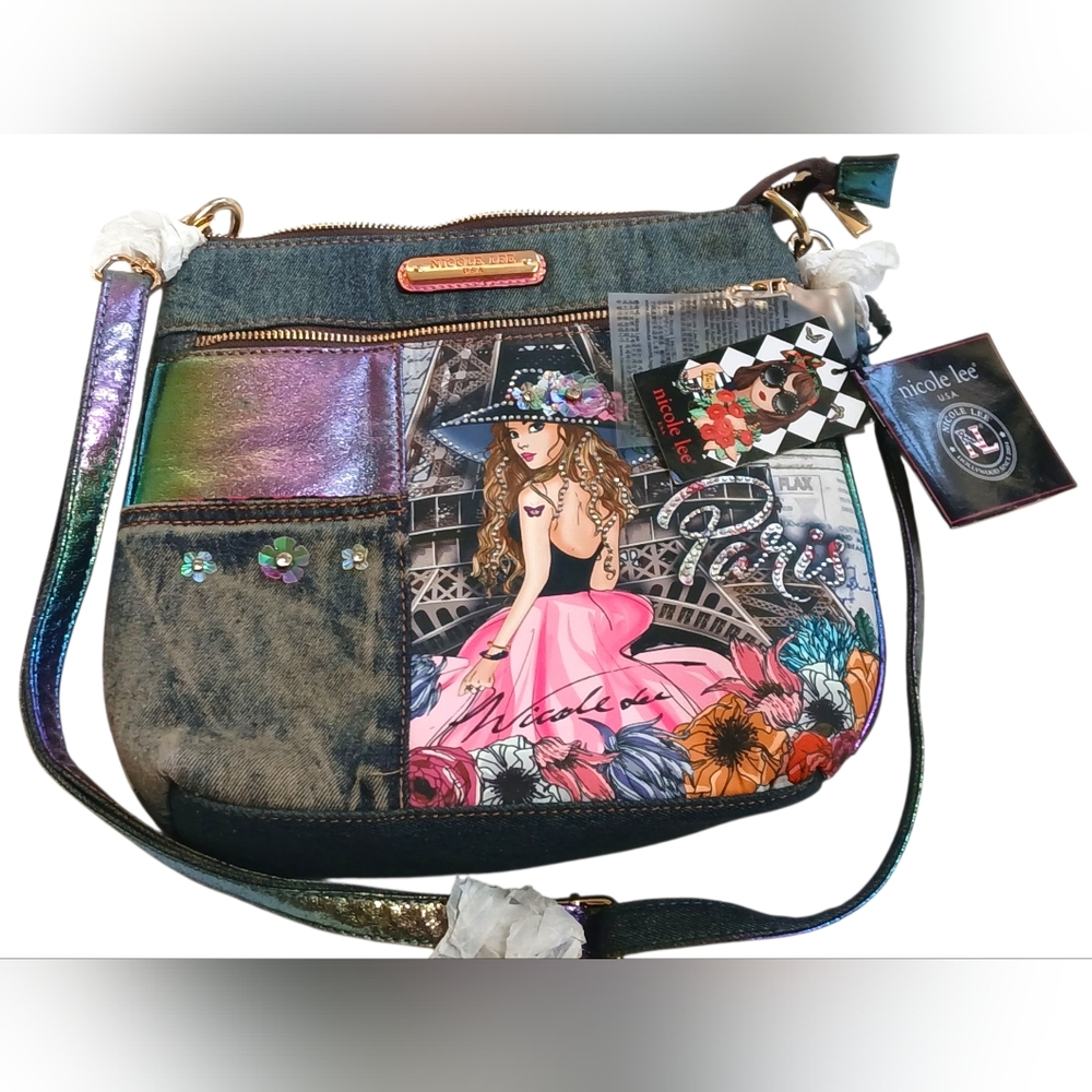 Nicole Lee Women's Dream Paris Denin Artistic Crossbody Bag - Blue and Pink NWT